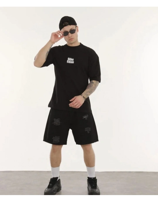 Bisiklet Yaka Baskılı Oversize T-Shirt - Siyah