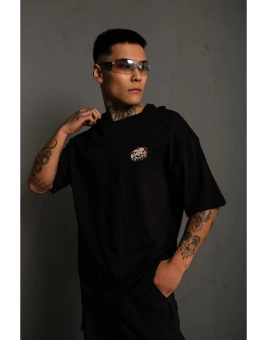 Bisiklet Yaka Baskılı Oversize T-Shirt - Siyah -