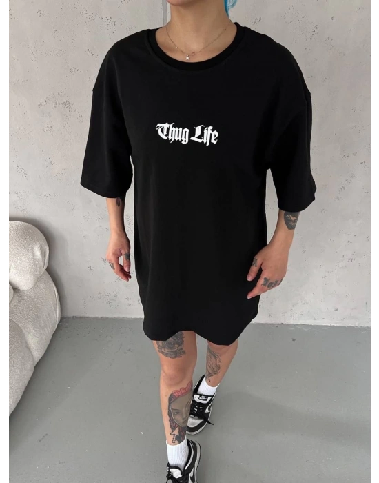 Bisiklet Yaka Baskılı Oversize T-Shirt - Siyah -