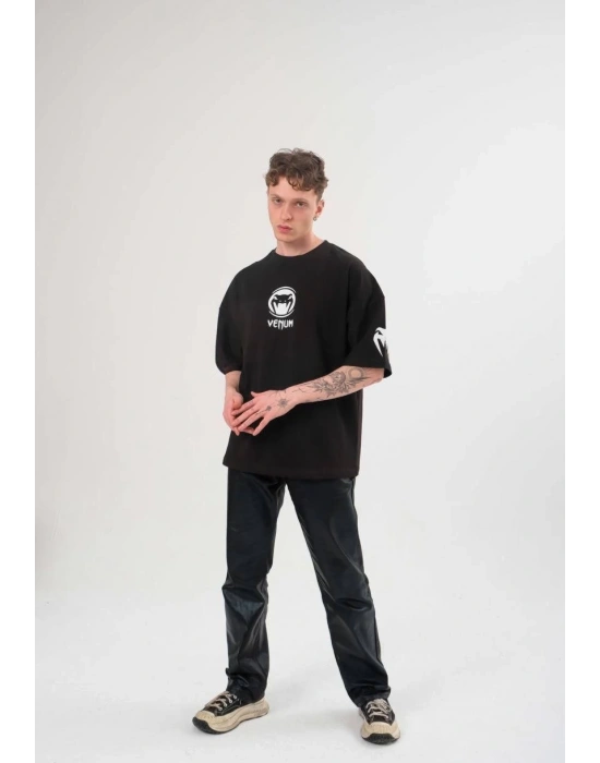 Bisiklet Yaka Baskılı Oversize T-Shirt - Siyah -