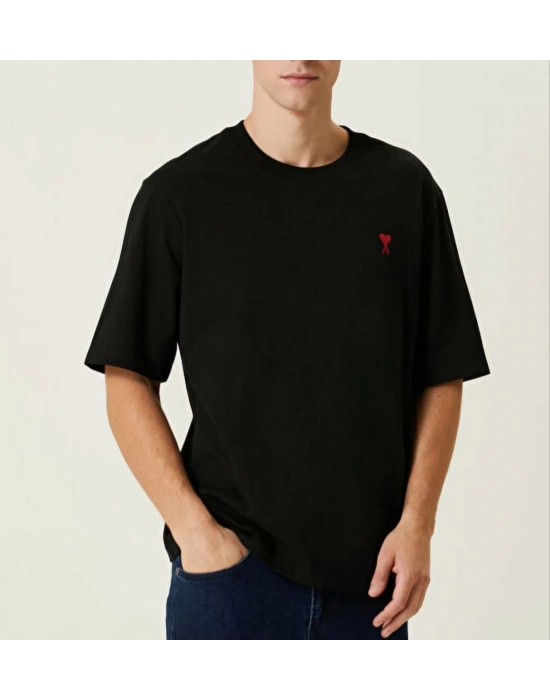 Bisiklet Yaka Baskılı Oversize T-Shirt - Siyah -