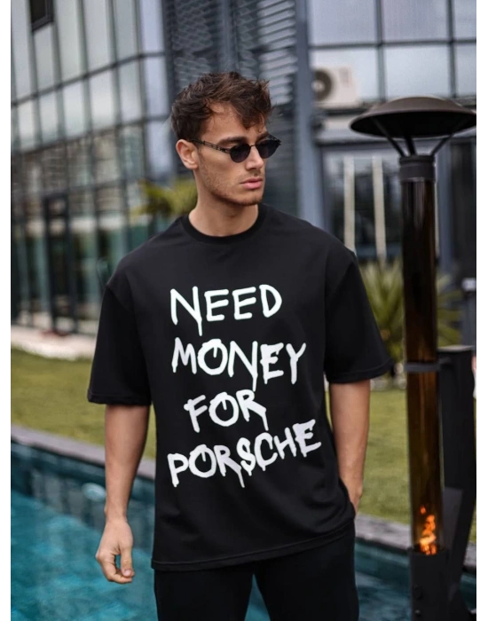 Bisiklet Yaka Baskılı Oversize T-Shirt - Siyah