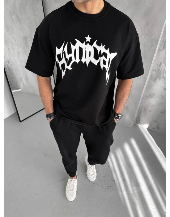 Bisiklet Yaka Baskılı Oversize T-Shirt - Siyah -