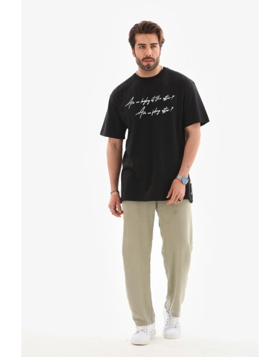 Bisiklet Yaka Baskılı Oversize T-Shirt - Siyah