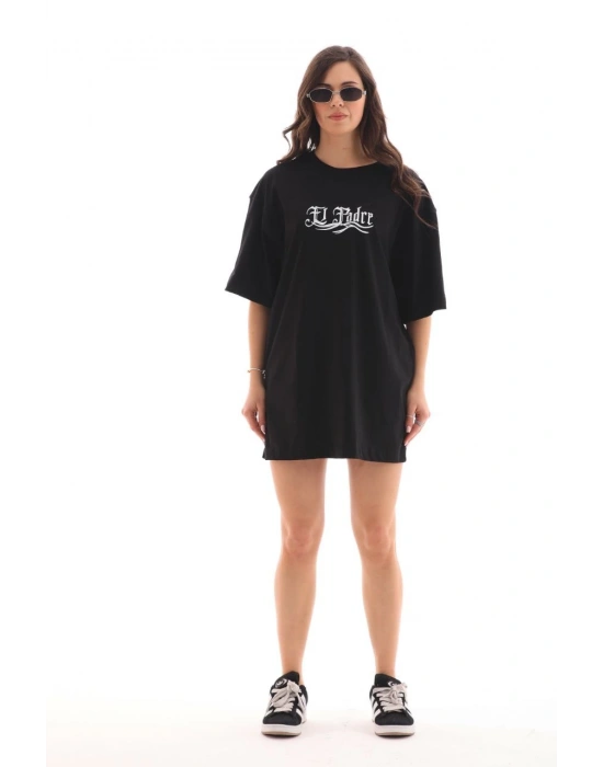 Bisiklet Yaka Baskılı Oversize T-Shirt - Siyah -