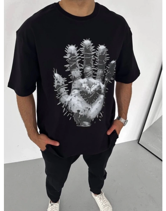 Bisiklet Yaka Baskılı Oversize T-Shirt - Siyah -