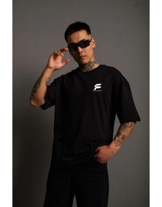 Bisiklet Yaka Baskılı Oversize T-Shirt - Siyah -