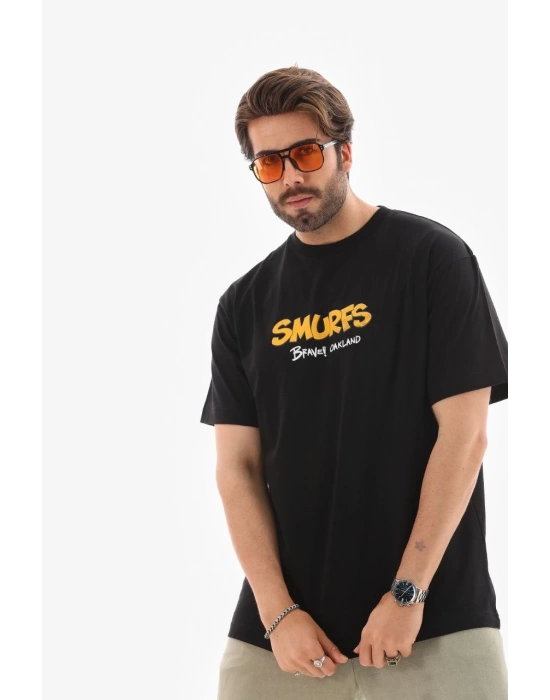 Bisiklet Yaka Baskılı Oversize T-Shirt - Siyah -