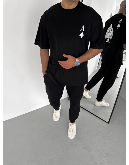 Bisiklet Yaka Baskılı Oversize T-Shirt - Siyah