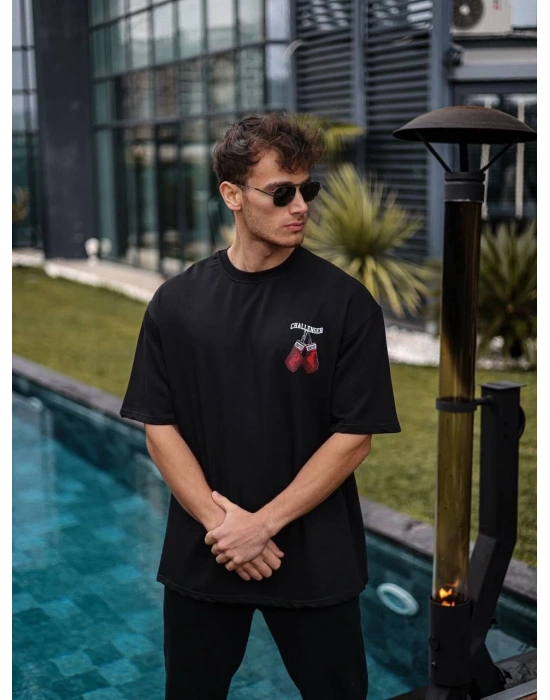 Bisiklet Yaka Baskılı Oversize T-Shirt - Siyah -