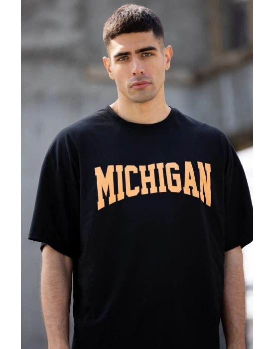 Bisiklet Yaka Baskılı Oversize T-Shirt - Siyah -