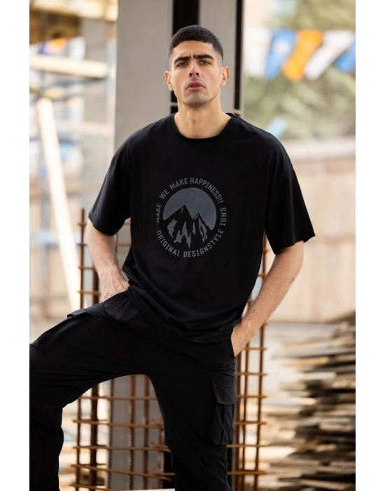 Bisiklet Yaka Baskılı Oversize T-Shirt - Siyah -