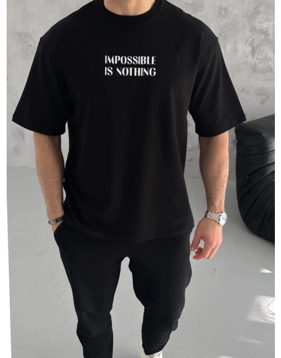 Bisiklet Yaka Baskılı Oversize T-Shirt - Siyah -