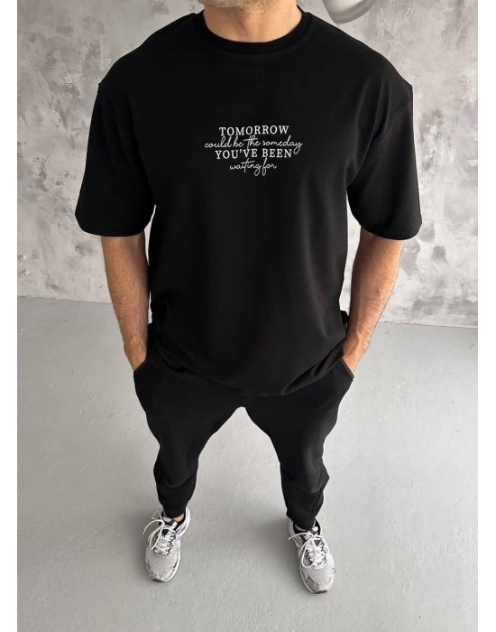 Bisiklet Yaka Baskılı Oversize T-Shirt - Siyah -