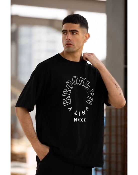 Bisiklet Yaka Baskılı Oversize T-Shirt - Siyah -