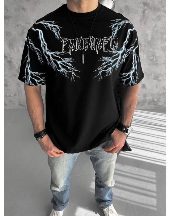 Bisiklet Yaka Baskılı Oversize T-Shirt-Siyah