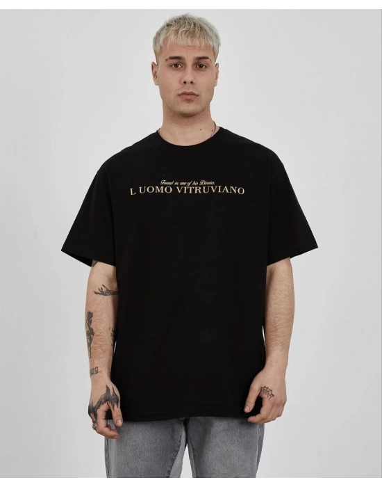 Bisiklet Yaka Baskılı Oversize T-Shirt - Siyah -