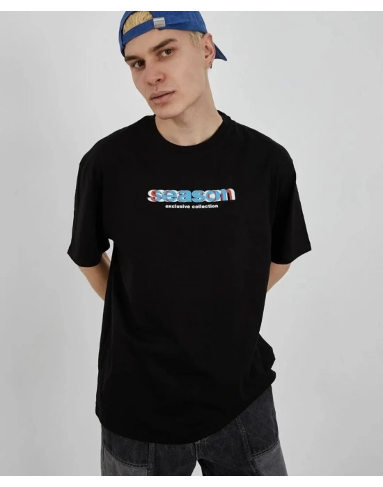 Bisiklet Yaka Baskılı Oversize T-Shirt - Siyah