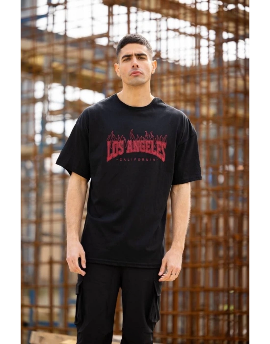 Bisiklet Yaka Baskılı Oversize T-Shirt - Siyah -