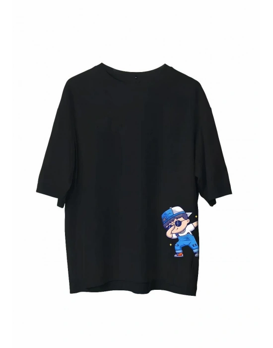 Bisiklet Yaka Baskılı Oversize T-Shirt - Siyah -