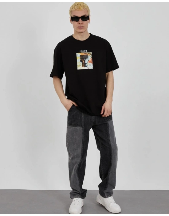 Bisiklet Yaka Baskılı Oversize T-Shirt - Siyah