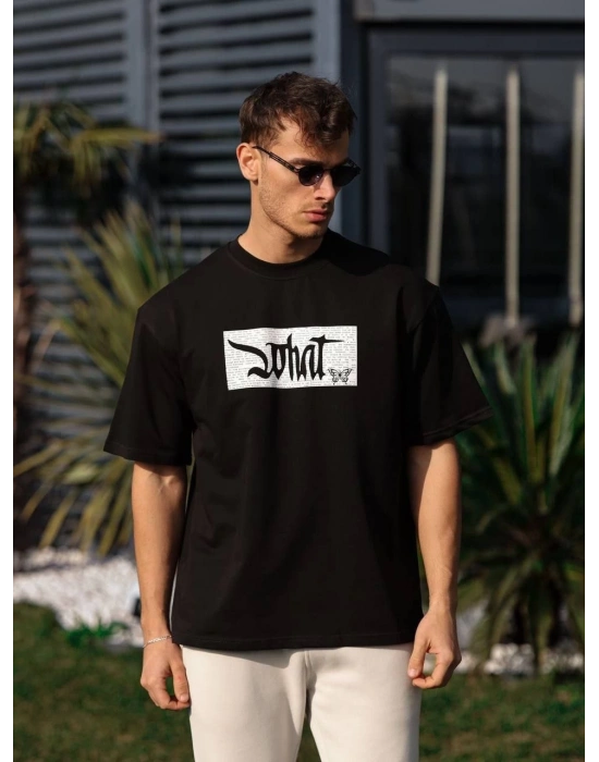 Bisiklet Yaka Baskılı Oversize T-Shirt - Siyah -