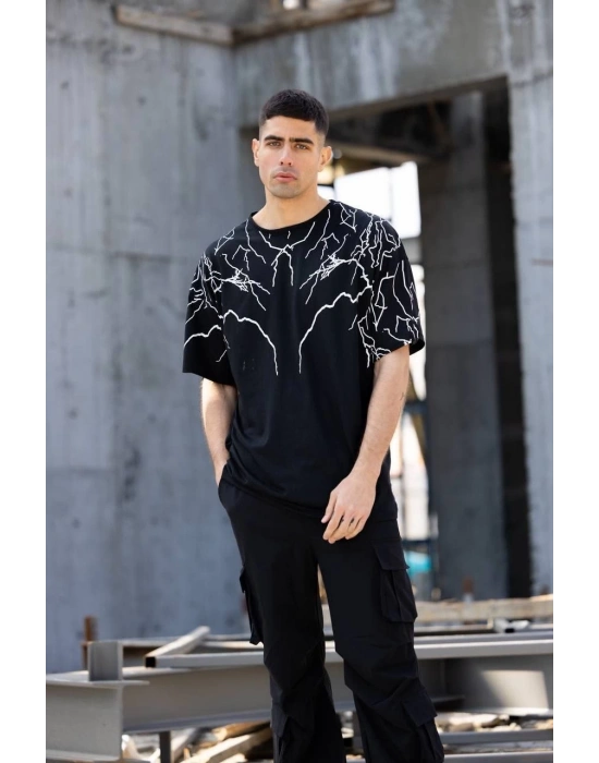 Bisiklet Yaka Baskılı Oversize T-Shirt - Siyah