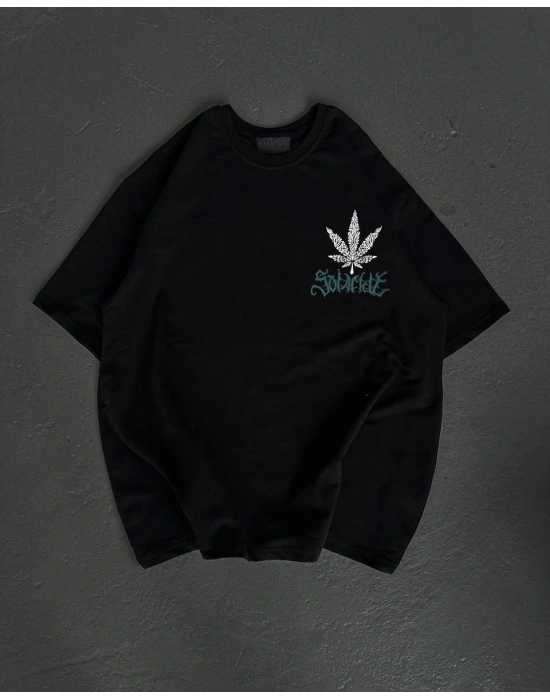 Bisiklet Yaka Baskılı Oversize T-Shirt - Siyah -