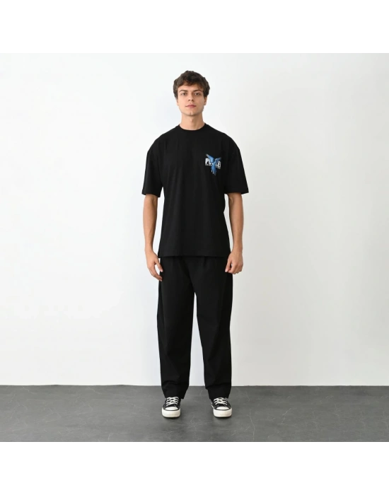 Bisiklet Yaka Baskılı Oversize T-Shirt - Siyah -