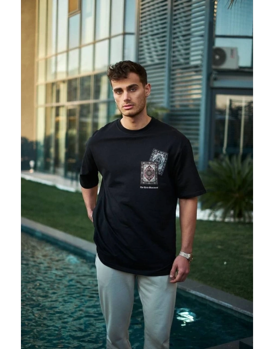 Bisiklet Yaka Baskılı Oversize T-Shirt - Siyah -