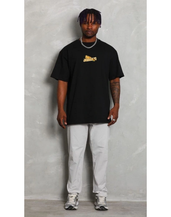 Bisiklet Yaka Baskılı Oversize T-Shirt - Siyah -