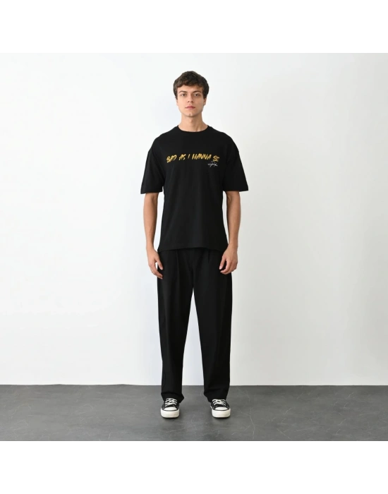 Bisiklet Yaka Baskılı Oversize T-Shirt - Siyah -