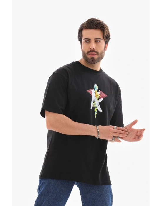 Bisiklet Yaka Baskılı Oversize T-Shirt - Siyah -