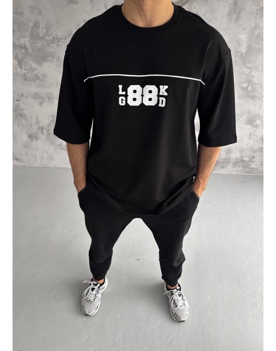 Bisiklet Yaka Baskılı Oversize T-Shirt - Siyah -