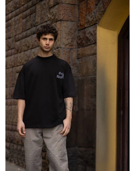 Bisiklet Yaka Baskılı Oversize T-Shirt - Siyah