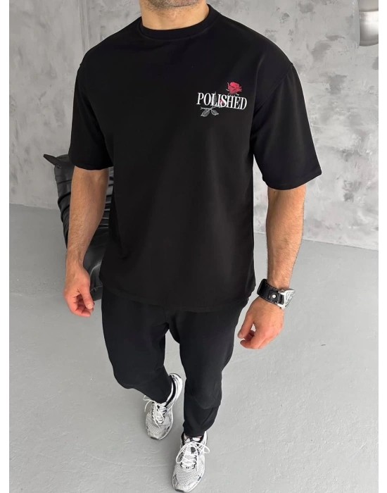 Bisiklet Yaka Baskılı Oversize T-Shirt - Siyah