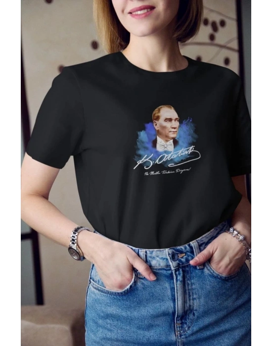 Bisiklet Yaka Baskılı Oversize T-Shirt - Siyah -