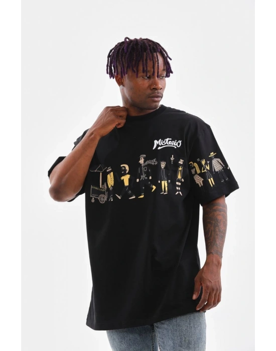 Bisiklet Yaka Baskılı Oversize T-Shirt - Siyah -