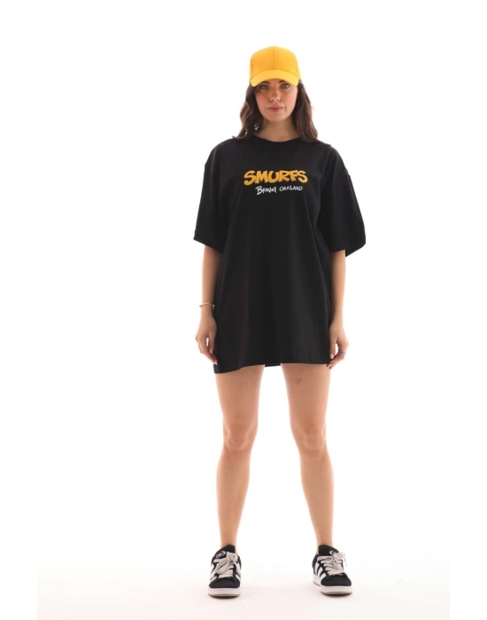 Bisiklet Yaka Baskılı Oversize T-Shirt - Siyah -