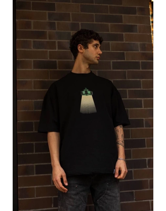 Bisiklet Yaka Baskılı Oversize T-Shirt - Siyah -