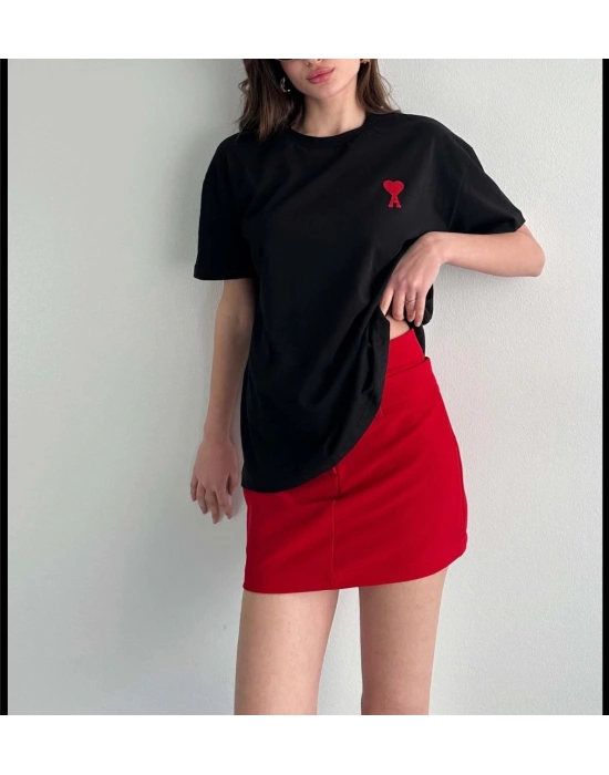 Bisiklet Yaka Baskılı Oversize T-Shirt - Siyah -