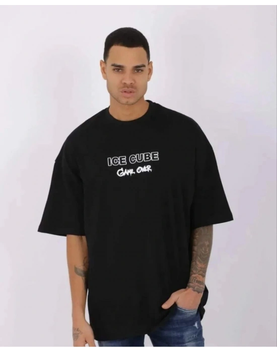 Bisiklet Yaka Baskılı Oversize T-Shirt - Siyah