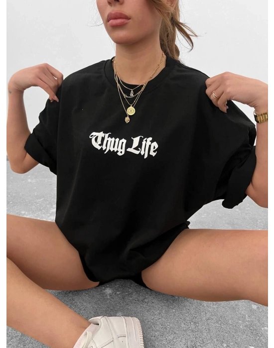 Bisiklet Yaka Baskılı Oversize T-Shirt - Siyah -