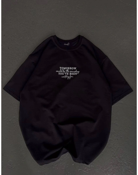 Bisiklet Yaka Baskılı Oversize T-Shirt - Siyah -