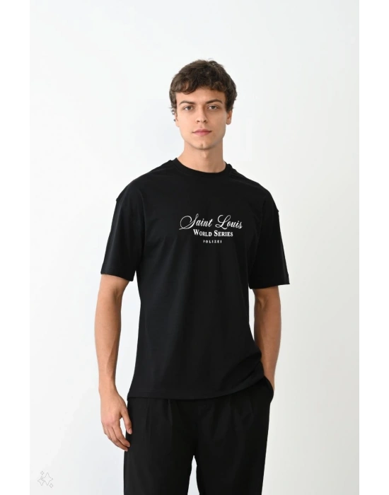 Bisiklet Yaka Baskılı Oversize T-Shirt - Siyah -