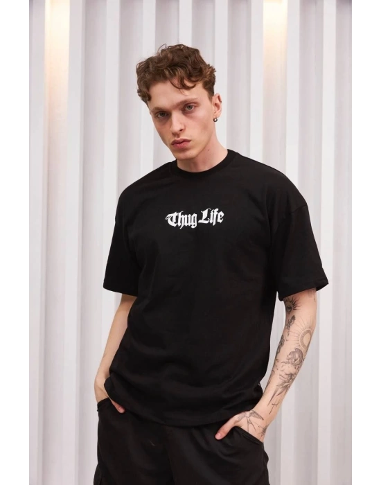 Bisiklet Yaka Baskılı Oversize T-Shirt - Siyah -