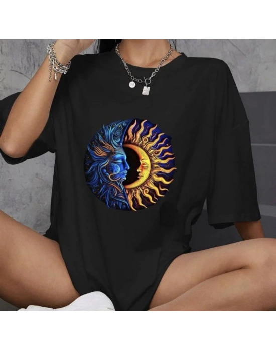 Bisiklet Yaka Baskılı Oversize T-Shirt - Siyah -