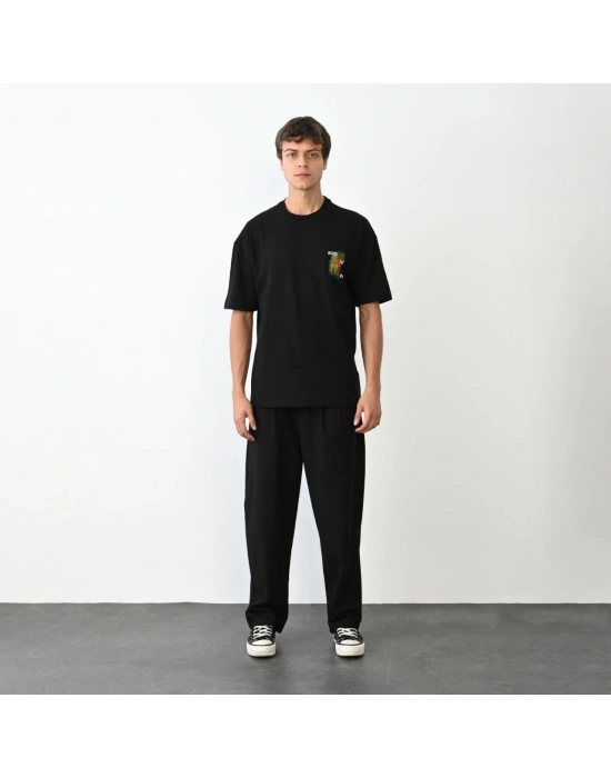 Bisiklet Yaka Baskılı Oversize T-Shirt - Siyah -