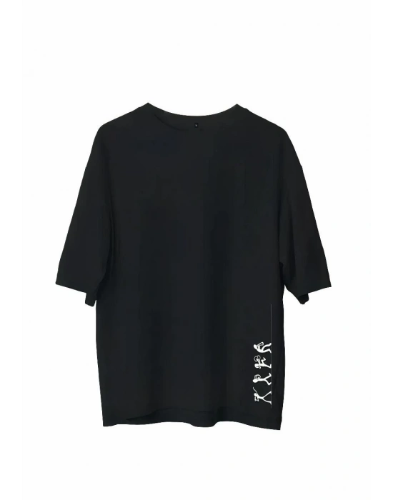 Bisiklet Yaka Baskılı Oversize T-Shirt - Siyah -