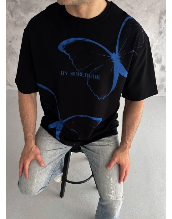 Bisiklet Yaka Baskılı Oversize T-Shirt - Siyah